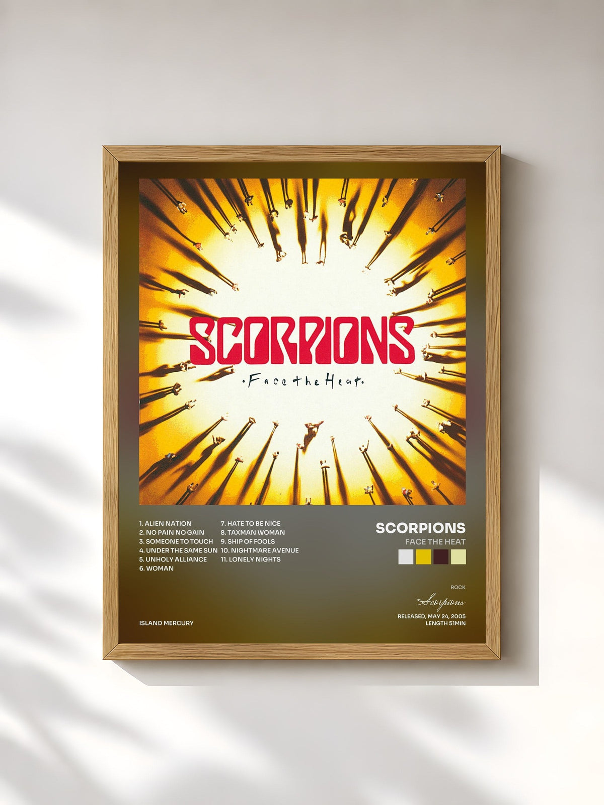 #bois Tableau de l'album Face The Heat de Scorpions, cadre en bois brut, imprimé et encadré en France