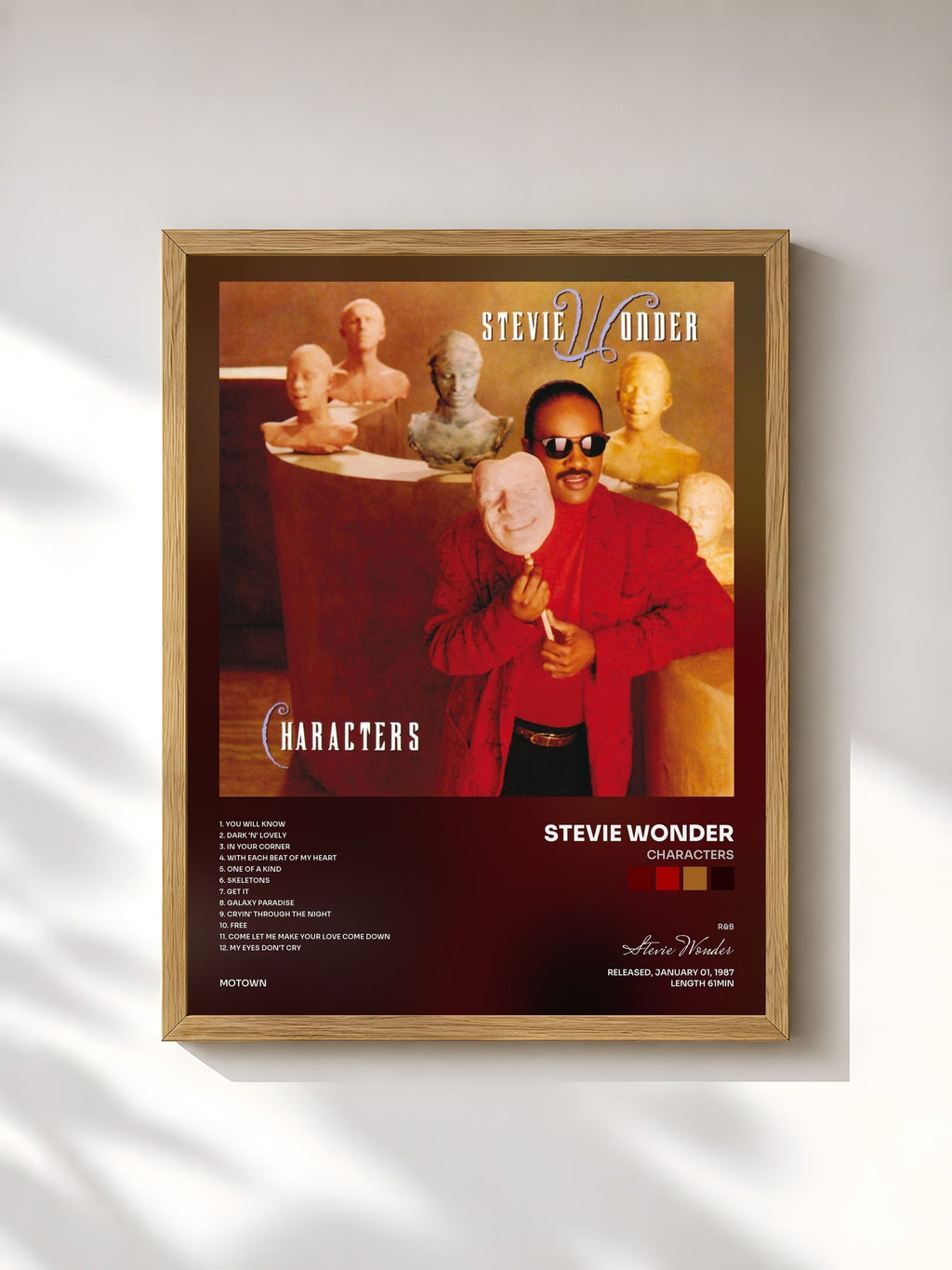 #bois Tableau de l'album Characters de Stevie Wonder, cadre en bois brut, imprimé et encadré en France