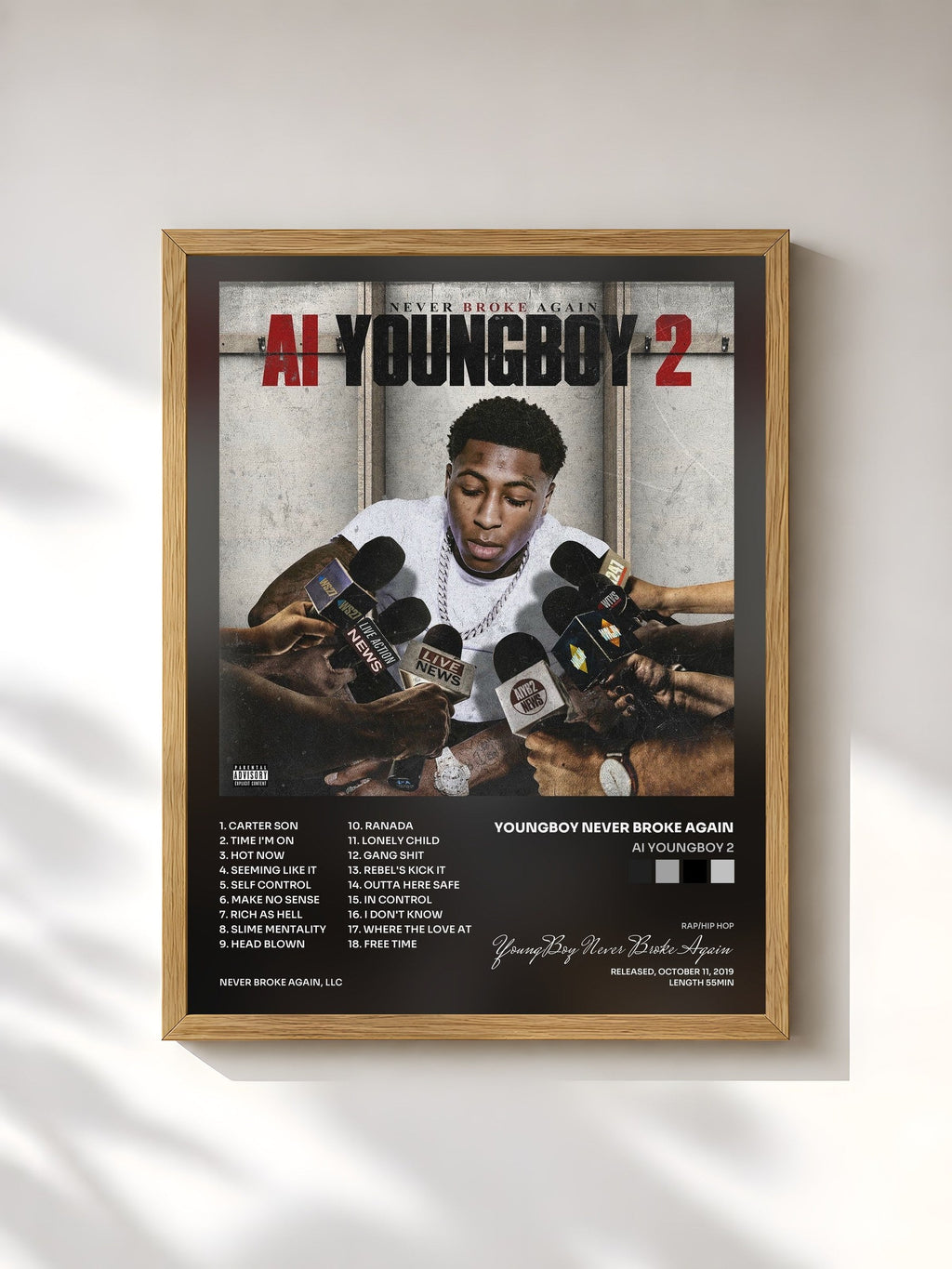 #bois Tableau de l'album AI YoungBoy 2 de YoungBoy Never Broke Again, cadre en bois brut, imprimé et encadré en France