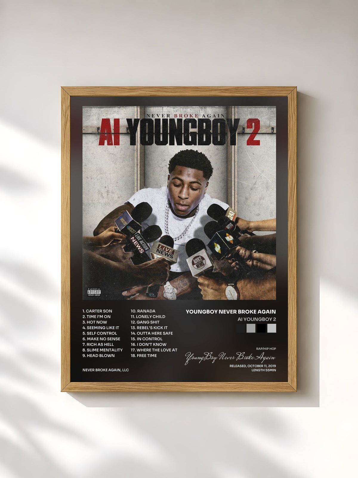 #bois Tableau de l'album AI YoungBoy 2 de YoungBoy Never Broke Again, cadre en bois brut, imprimé et encadré en France