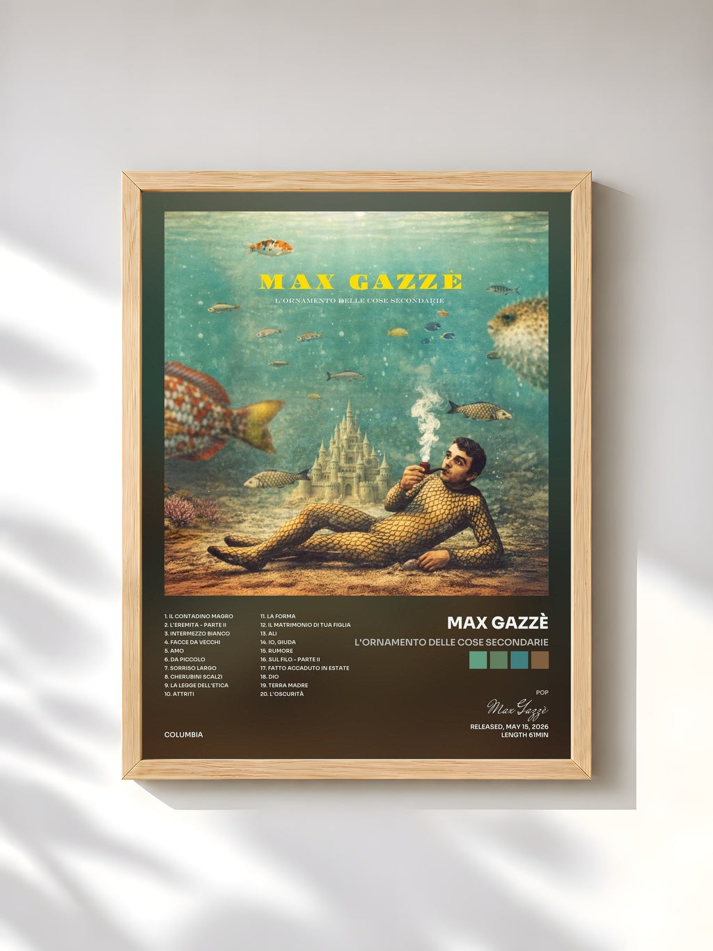 #bois Tableau de l'album L'ornamento delle cose secondarie de Max Gazzè, cadre en bois brut, imprimé et encadré en France