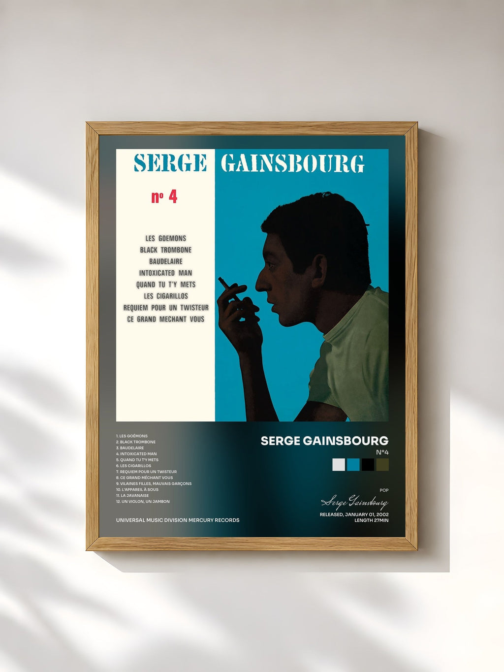 #bois Tableau de l'album N°4 de Serge Gainsbourg, cadre en bois brut, imprimé et encadré en France