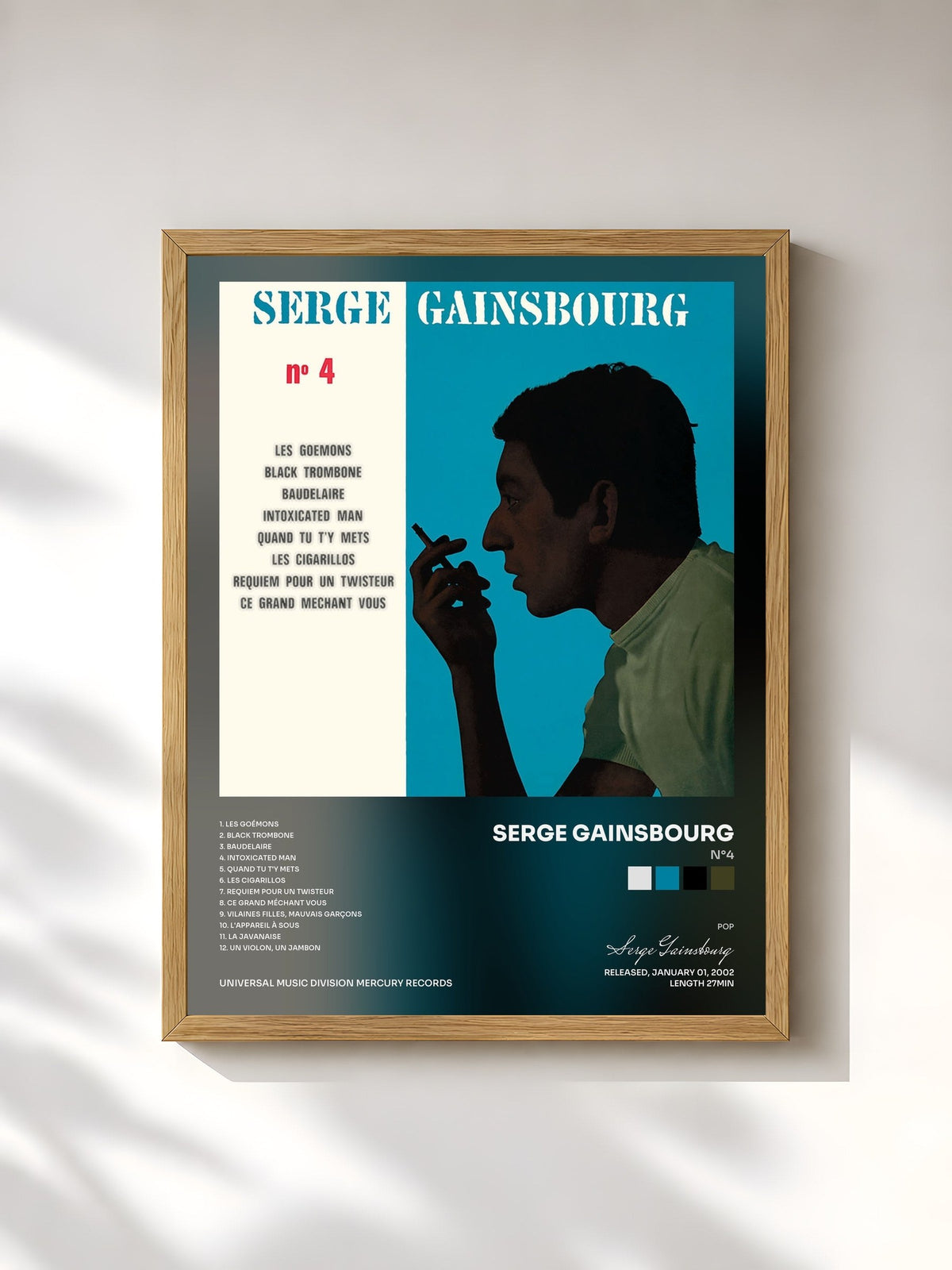 #bois Tableau de l'album N°4 de Serge Gainsbourg, cadre en bois brut, imprimé et encadré en France