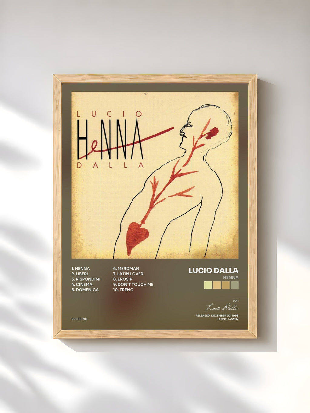 #bois Tableau de l'album Henna de Lucio Dalla, cadre en bois brut, imprimé et encadré en France