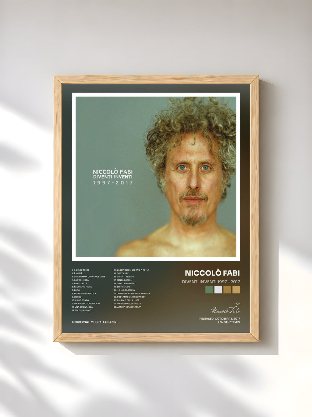 #bois Tableau de l'album Diventi Inventi 1997 - 2017 de Niccolò Fabi, cadre en bois brut, imprimé et encadré en France