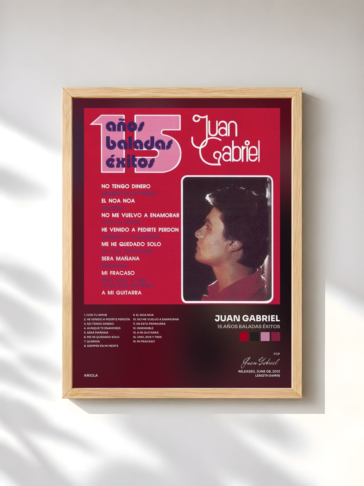 #bois Tableau de l'album 15 Años Baladas Éxitos de Juan Gabriel, cadre en bois brut, imprimé et encadré en France