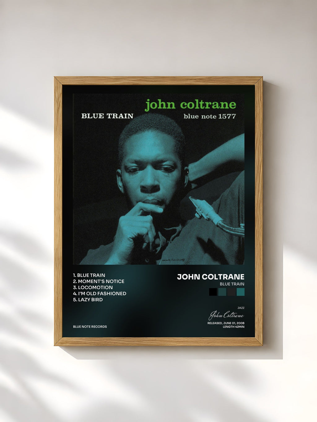 #bois Tableau de l'album Blue Train de John Coltrane, cadre en bois brut, imprimé et encadré en France