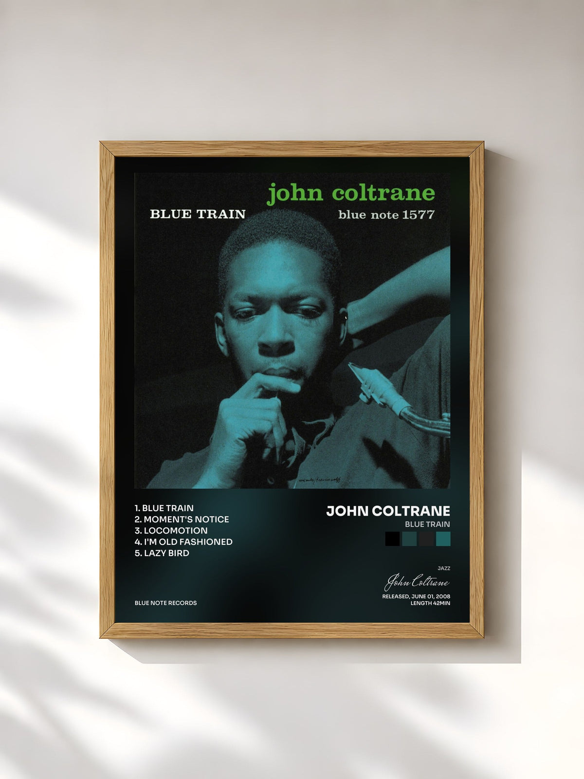 #bois Tableau de l'album Blue Train de John Coltrane, cadre en bois brut, imprimé et encadré en France