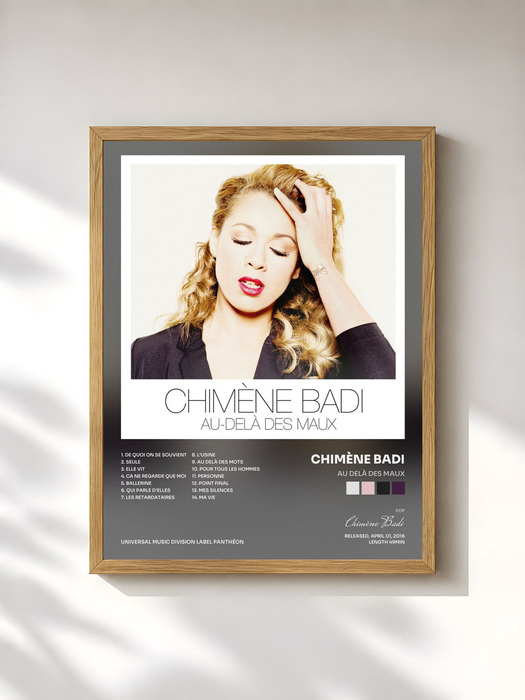 #bois Tableau de l'album Au delà des maux de Chimène Badi, cadre en bois brut, imprimé et encadré en France