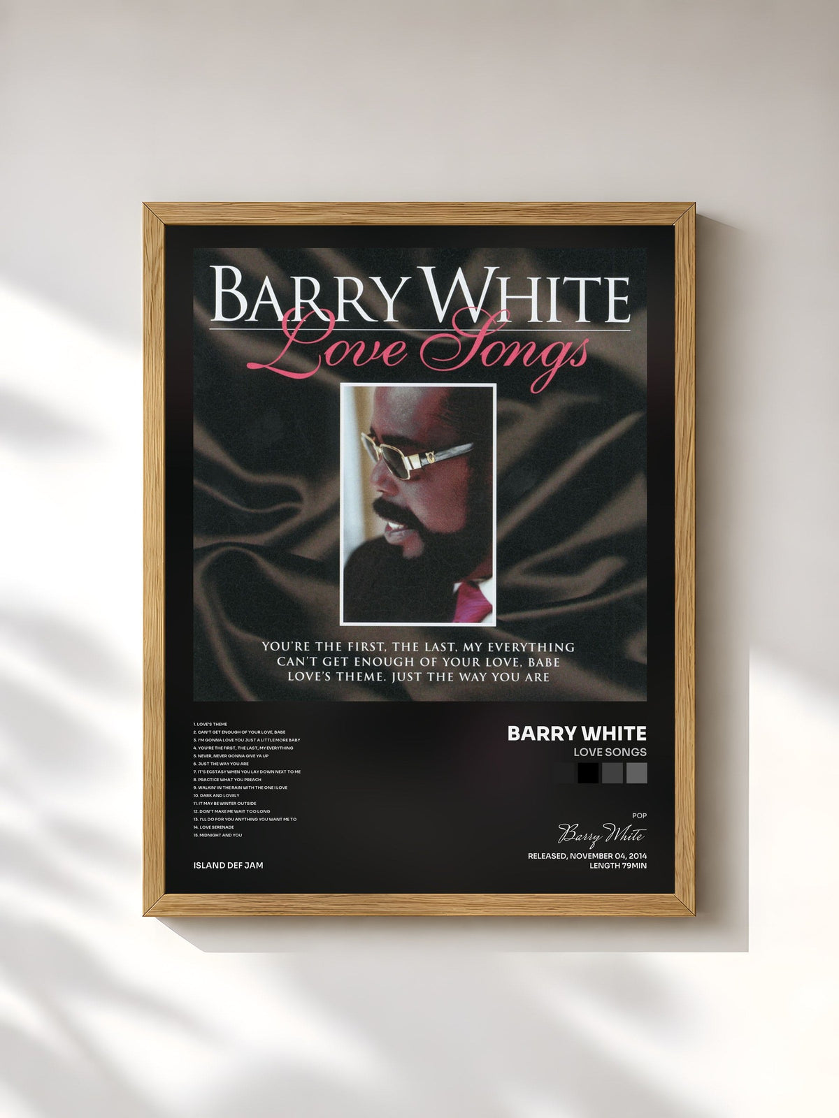 #bois Tableau de l'album Love Songs de Barry White, cadre en bois brut, imprimé et encadré en France