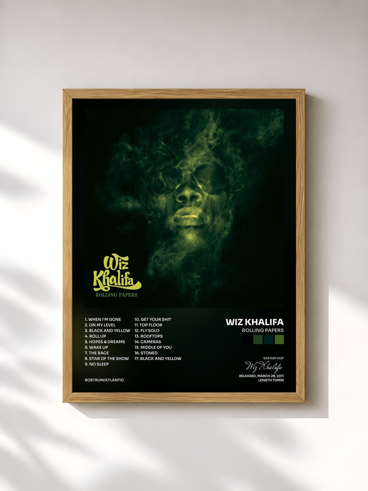 #bois Tableau de l'album Rolling Papers de Wiz Khalifa, cadre en bois brut, imprimé et encadré en France