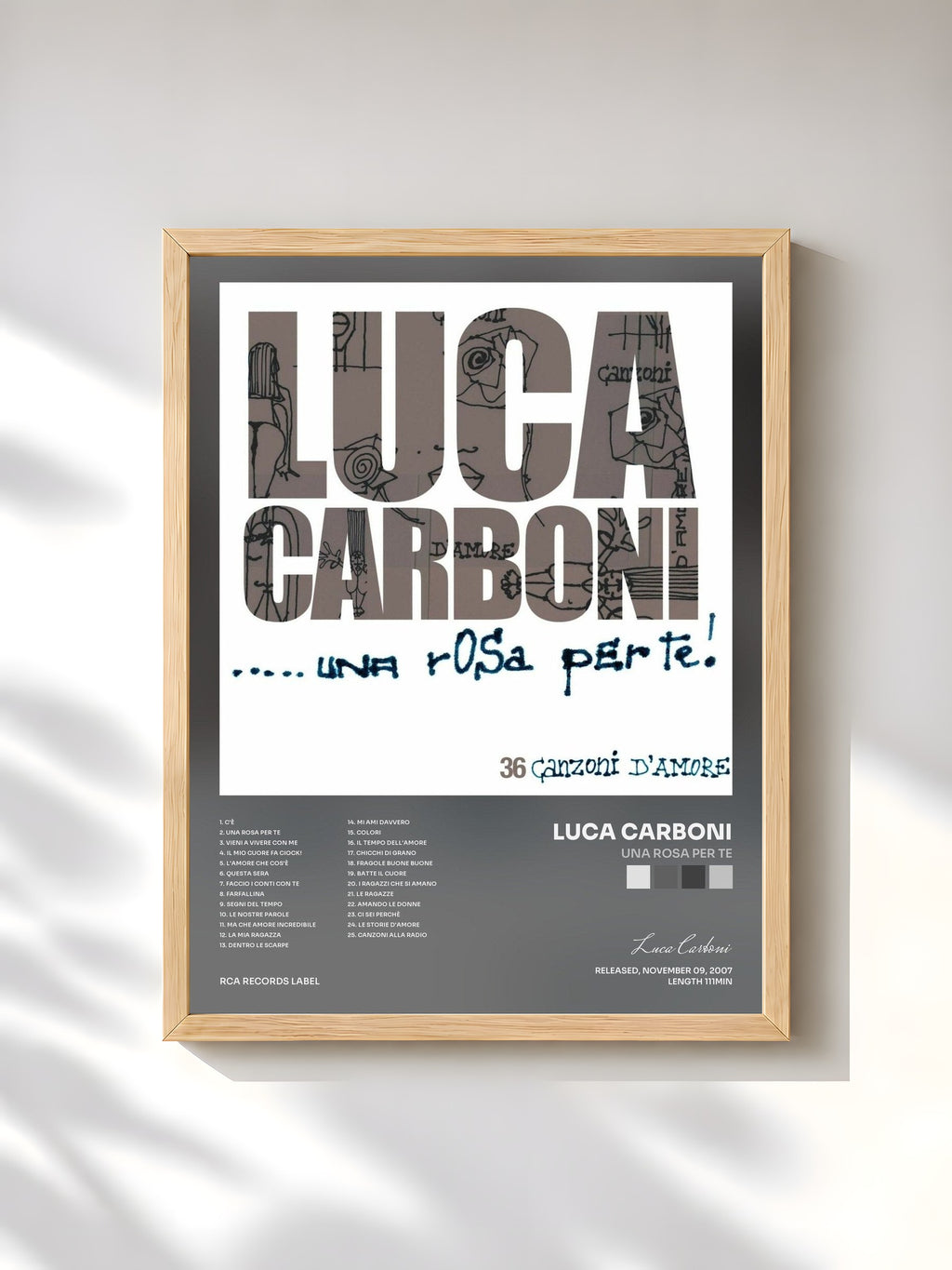 #bois Tableau de l'album Una Rosa Per Te de Luca Carboni, cadre en bois brut, imprimé et encadré en France