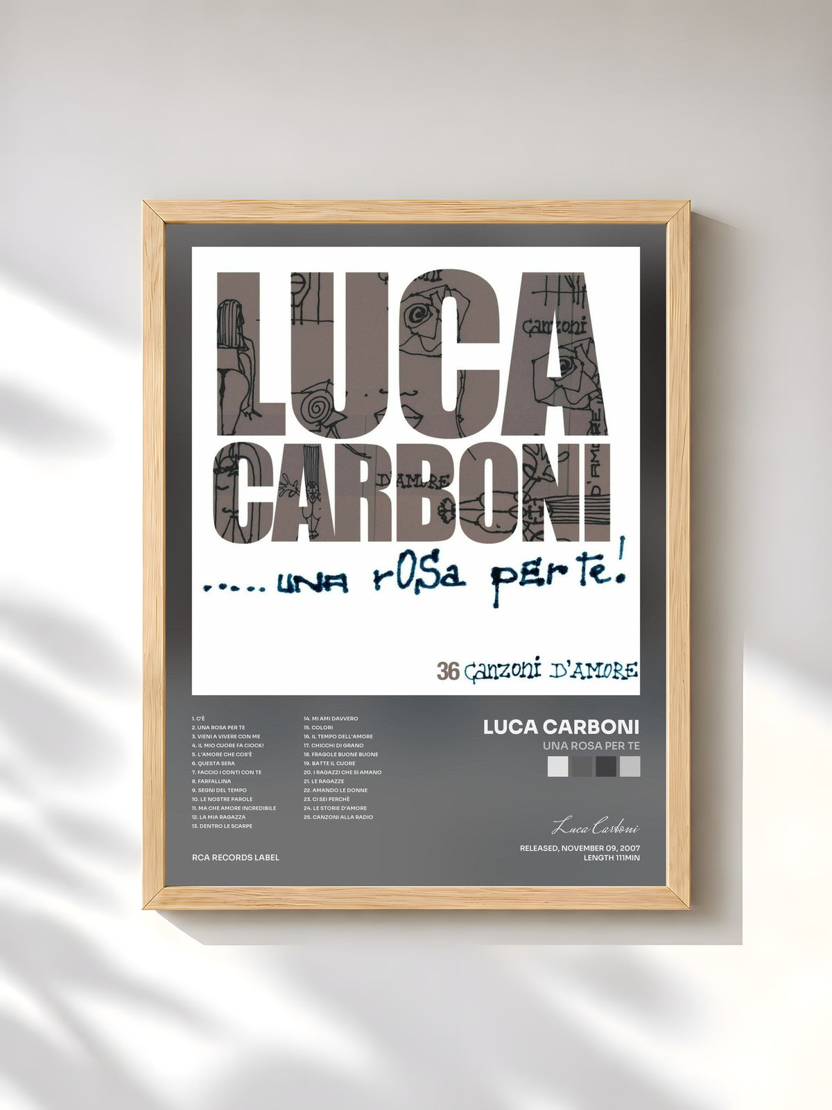 #bois Tableau de l'album Una Rosa Per Te de Luca Carboni, cadre en bois brut, imprimé et encadré en France