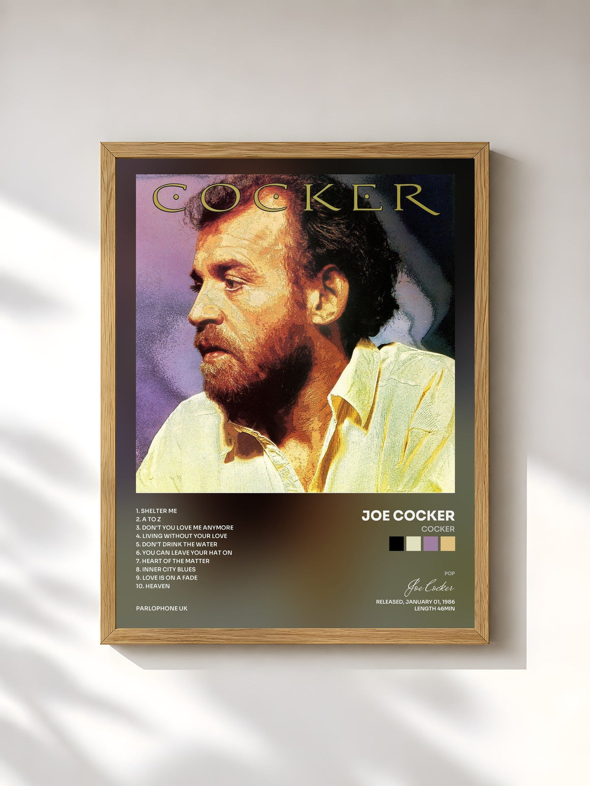 #bois Tableau de l'album Cocker de Joe Cocker, cadre en bois brut, imprimé et encadré en France