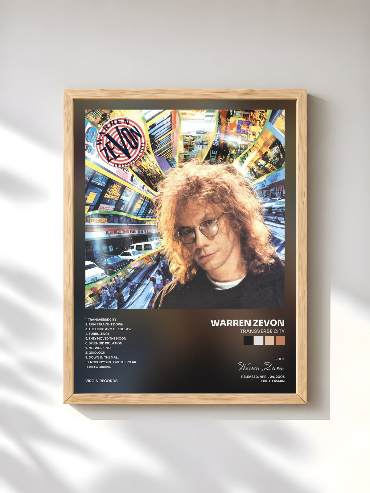 #bois Tableau de l'album Transverse City de Warren Zevon, cadre en bois brut, imprimé et encadré en France