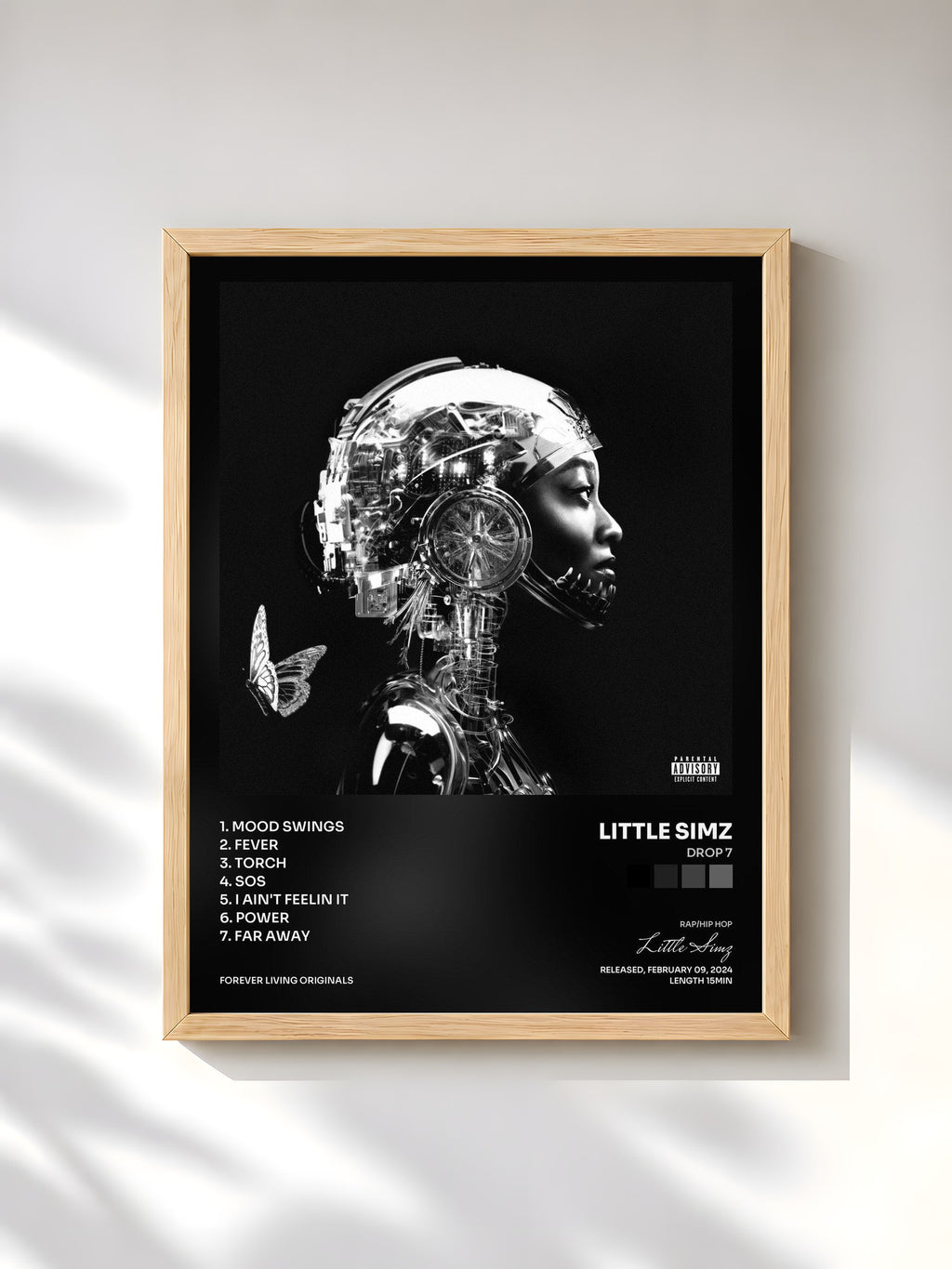 #bois Tableau de l'album Drop 7 de Little Simz, cadre en bois brut, imprimé et encadré en France