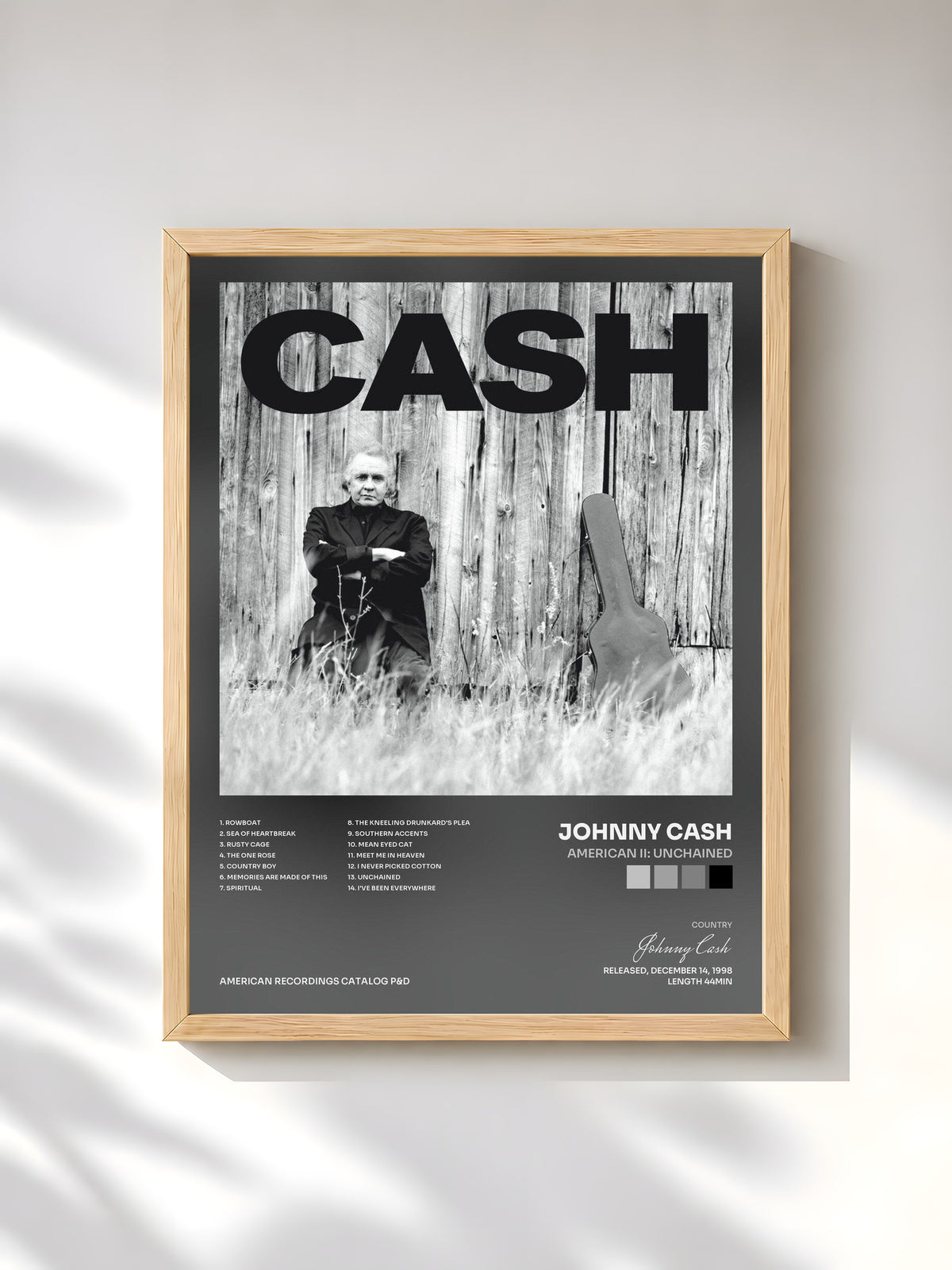 #bois Tableau de l'album American II: Unchained de Johnny Cash, cadre en bois brut, imprimé et encadré en France