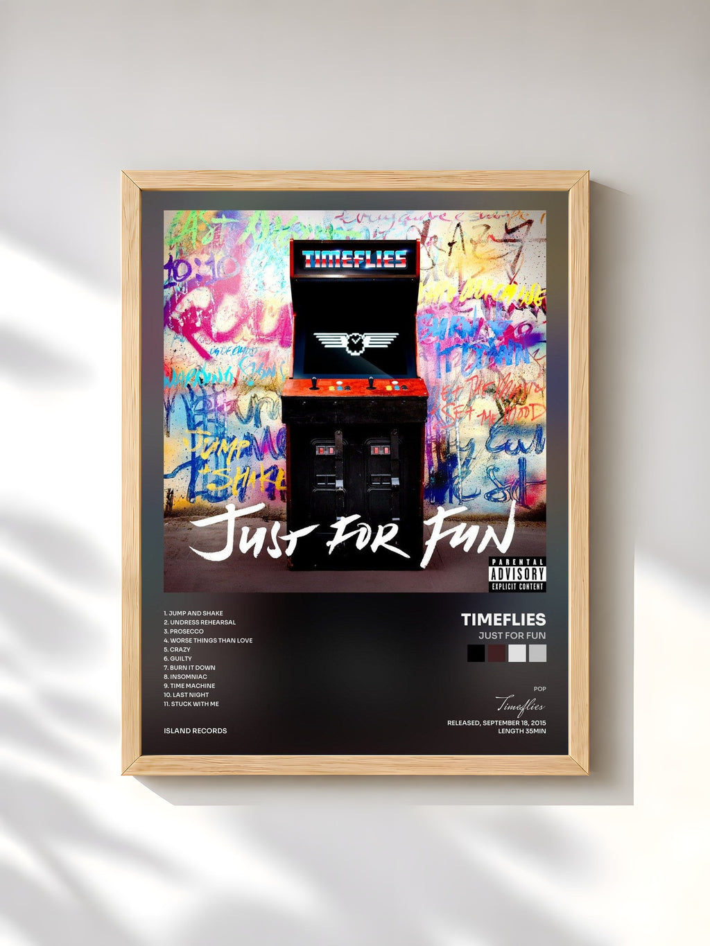 #bois Tableau de l'album Just For Fun de Timeflies, cadre en bois brut, imprimé et encadré en France