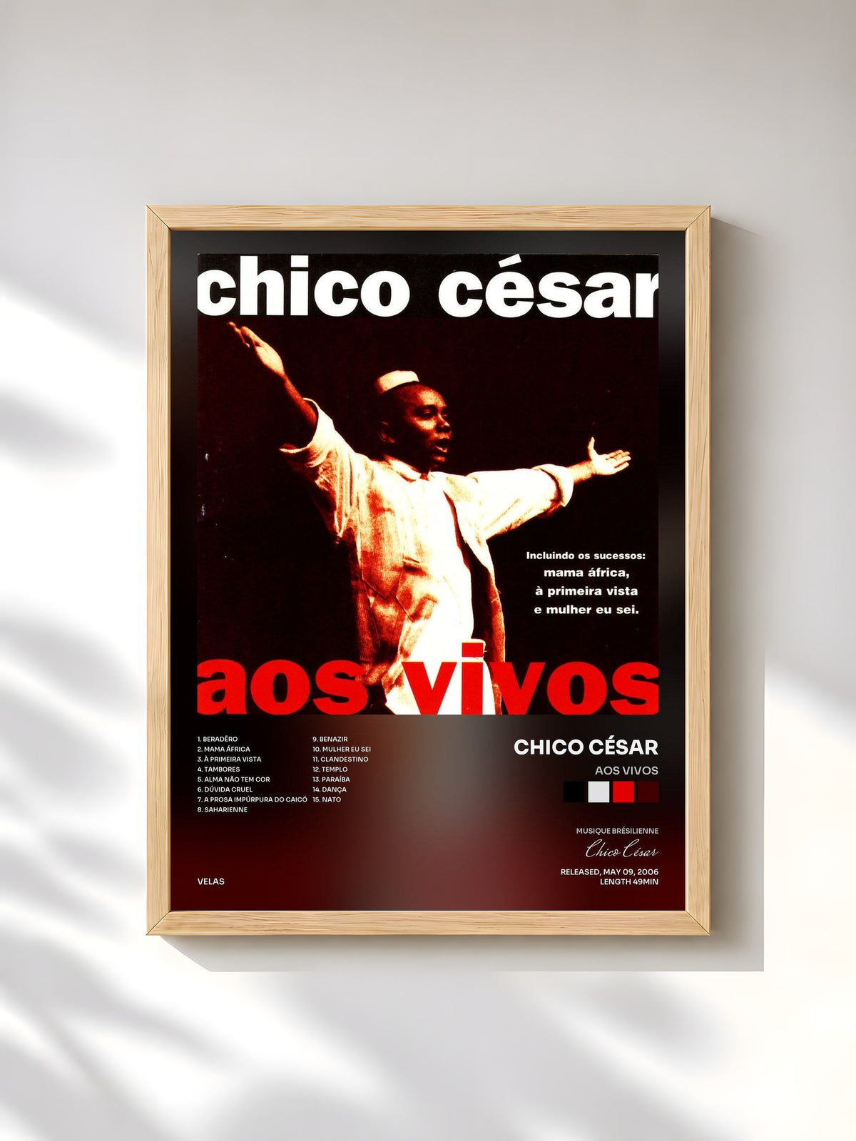 #bois Tableau de l'album Aos Vivos de Chico César, cadre en bois brut, imprimé et encadré en France
