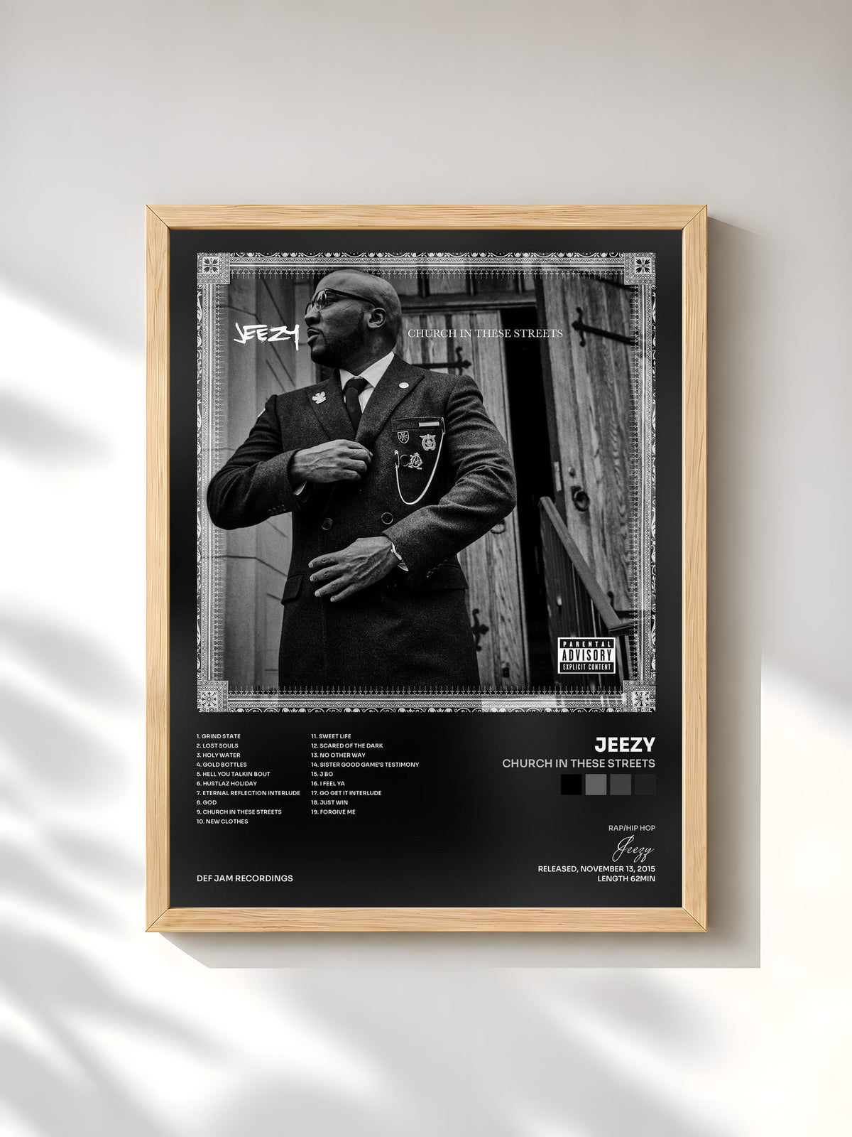 #bois Tableau de l'album Church In These Streets de Jeezy, cadre en bois brut, imprimé et encadré en France