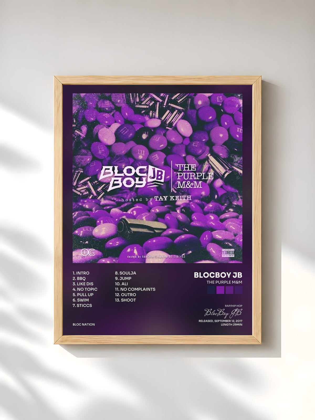 #bois Tableau de l'album The Purple M&M de BlocBoy JB, cadre en bois brut, imprimé et encadré en France