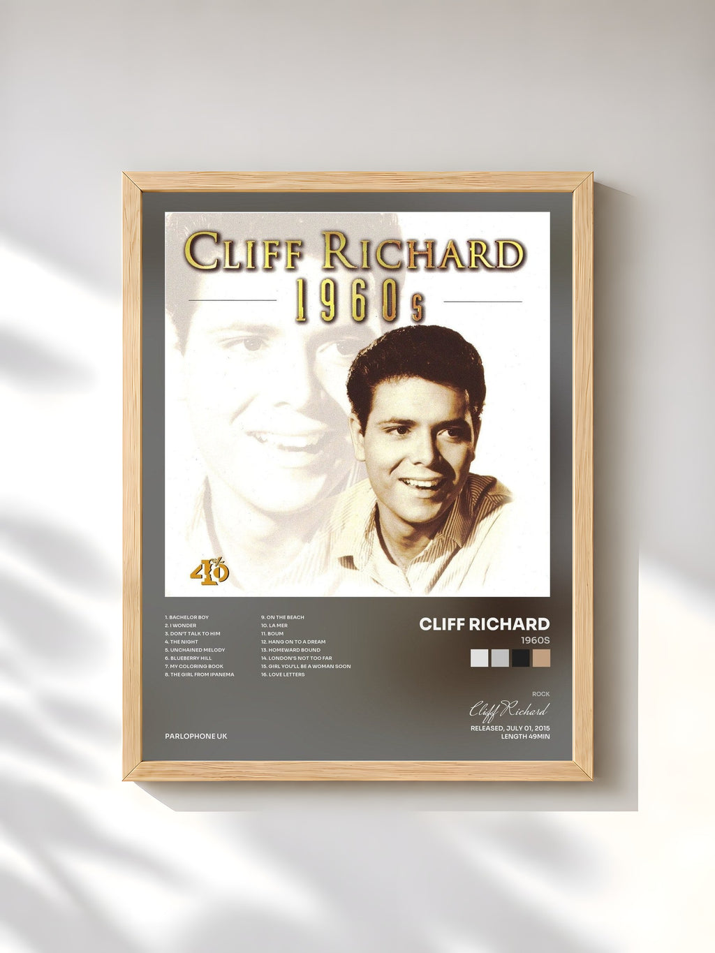 #bois Tableau de l'album 1960s de Cliff Richard, cadre en bois brut, imprimé et encadré en France