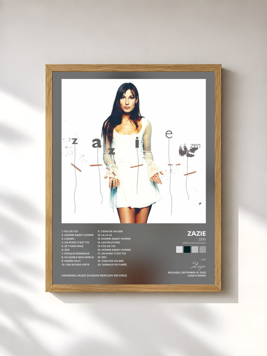 #bois Tableau de l'album Zen (30ème anniversaire) de Zazie, cadre en bois brut, imprimé et encadré en France