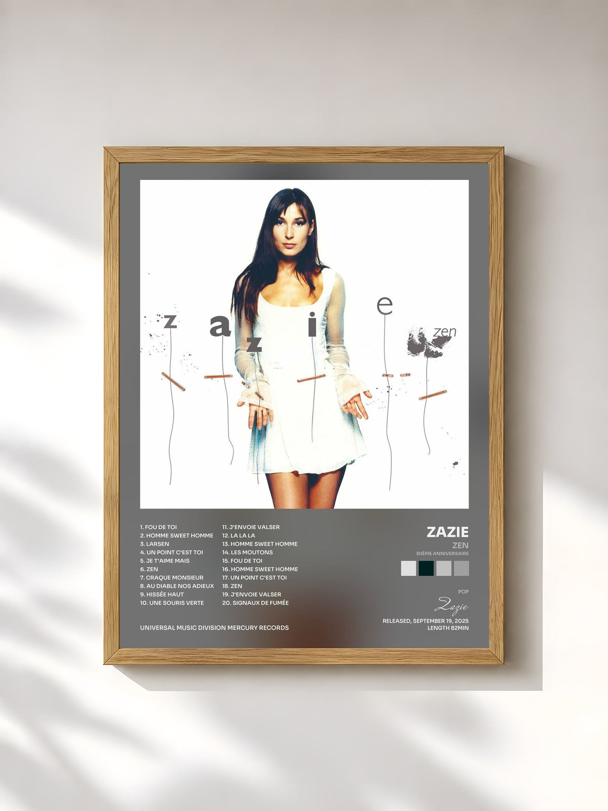 #bois Tableau de l'album Zen (30ème anniversaire) de Zazie, cadre en bois brut, imprimé et encadré en France