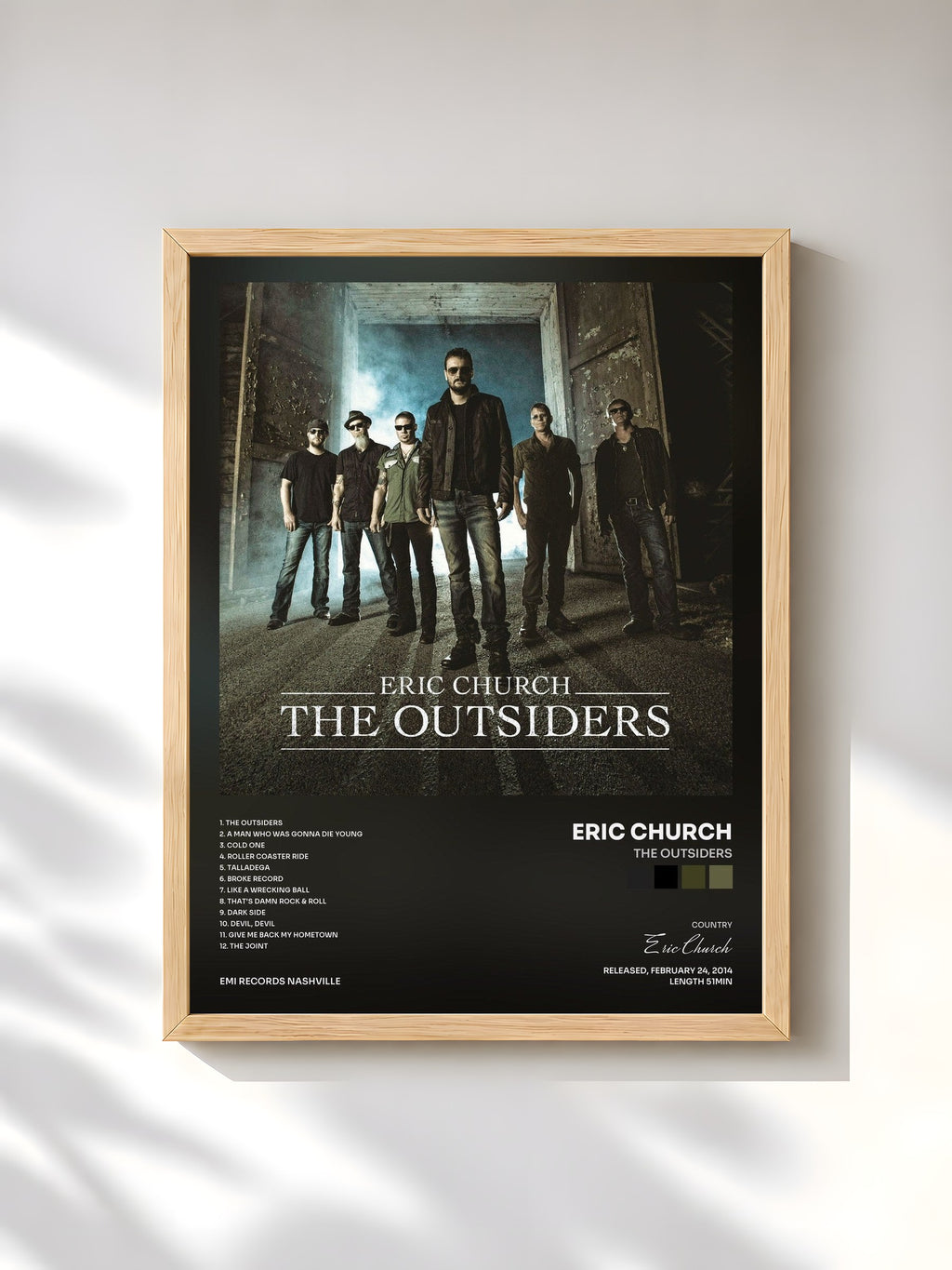 #bois Tableau de l'album The Outsiders de Eric Church, cadre en bois brut, imprimé et encadré en France