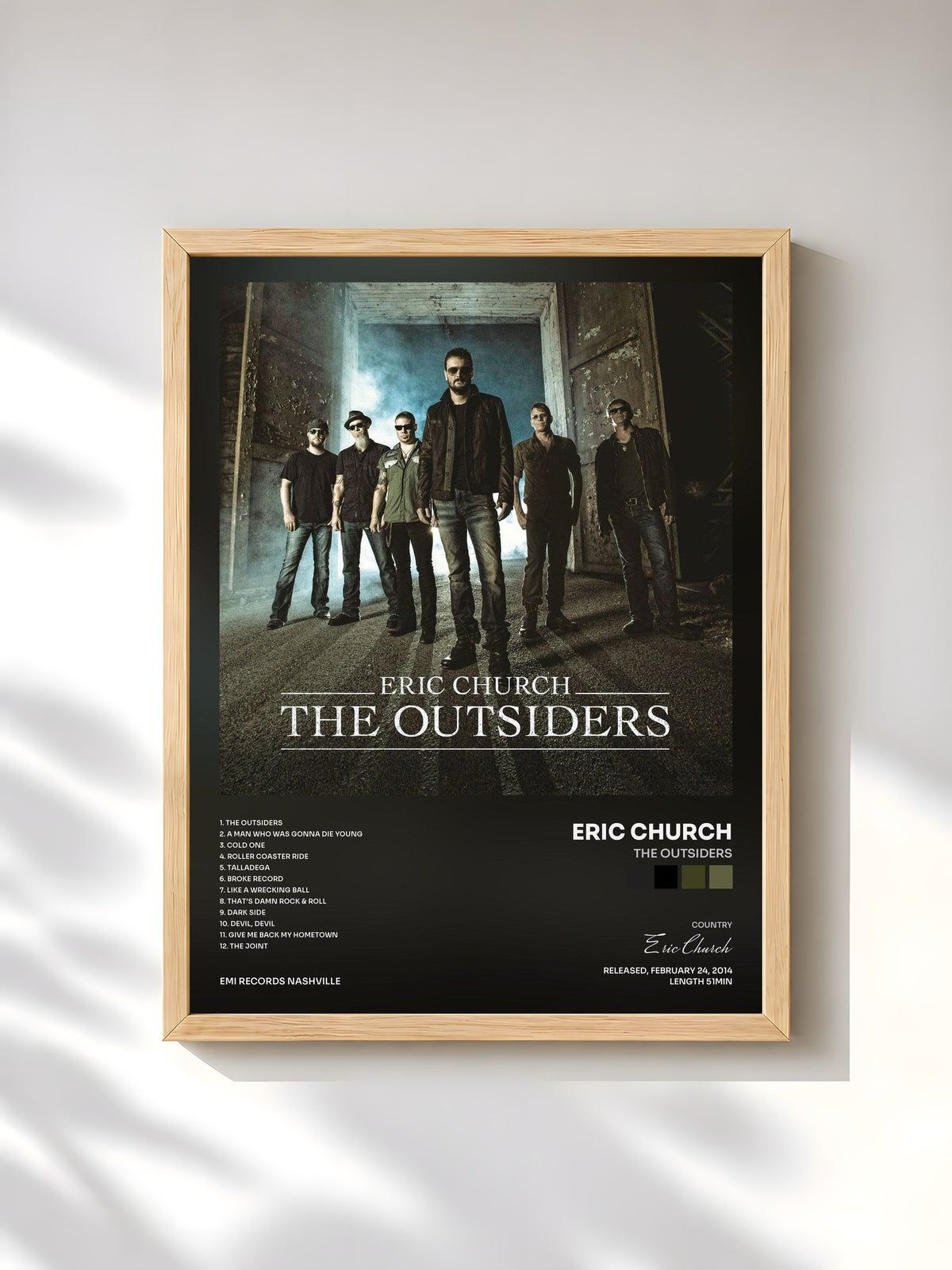 #bois Tableau de l'album The Outsiders de Eric Church, cadre en bois brut, imprimé et encadré en France