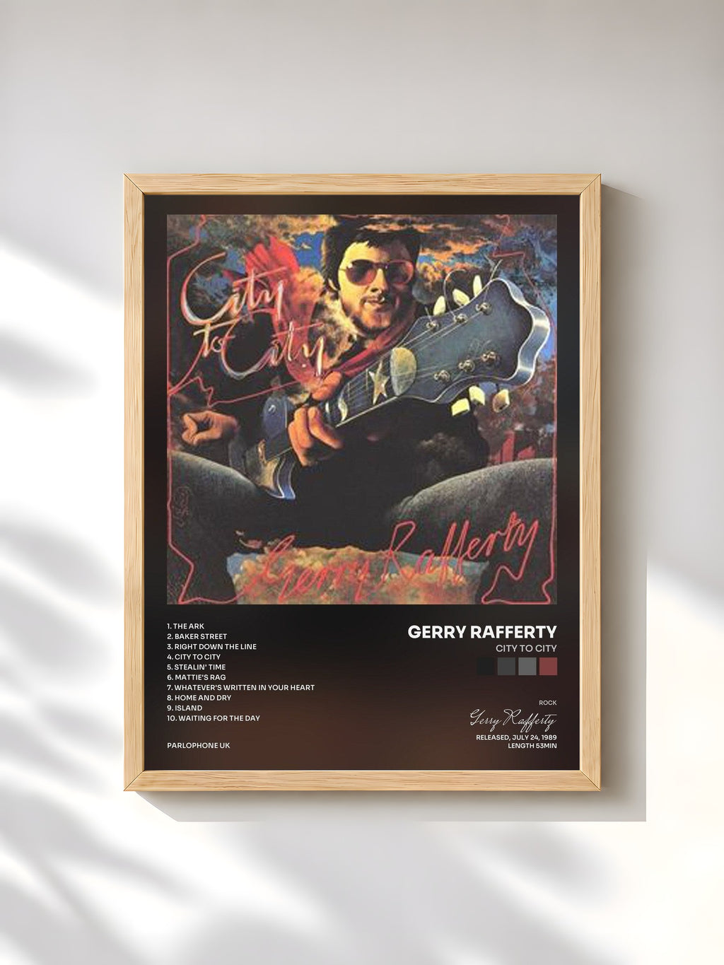 #bois Tableau de l'album City to City de Gerry Rafferty, cadre en bois brut, imprimé et encadré en France