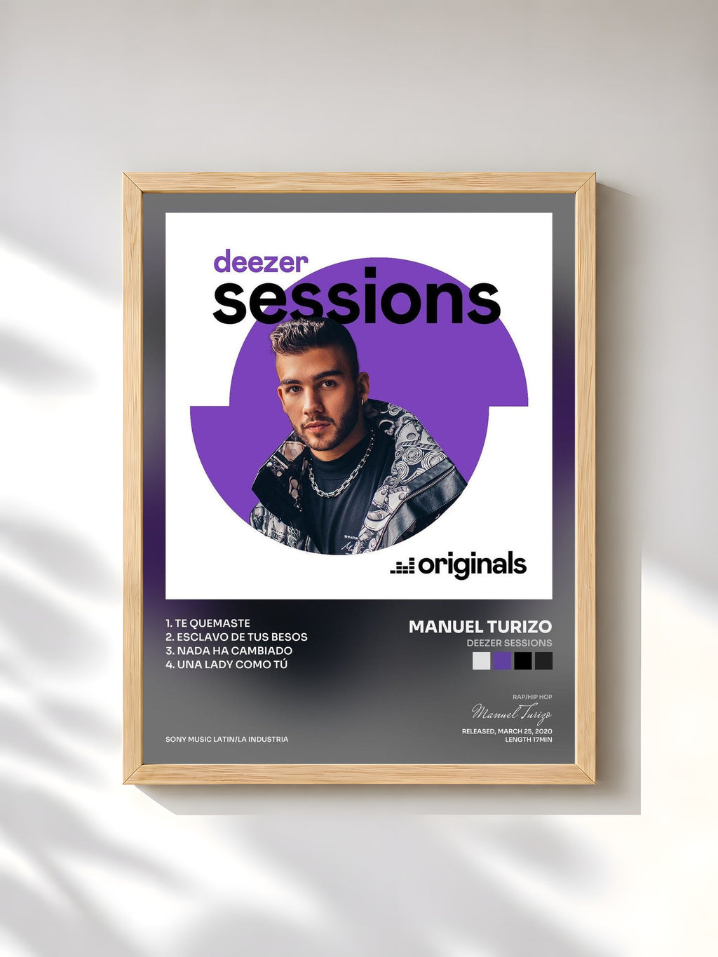 #bois Tableau de l'album Deezer Sessions de Manuel Turizo, cadre en bois brut, imprimé et encadré en France