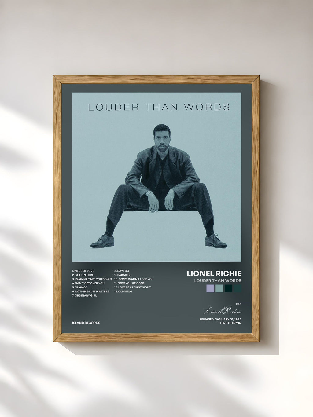 #bois Tableau de l'album Louder Than Words de Lionel Richie, cadre en bois brut, imprimé et encadré en France