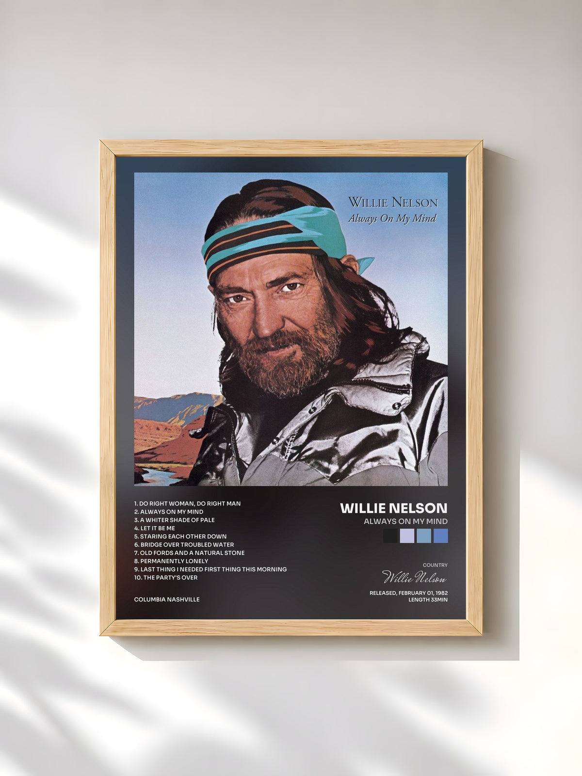 #bois Tableau de l'album Always On My Mind de Willie Nelson, cadre en bois brut, imprimé et encadré en France