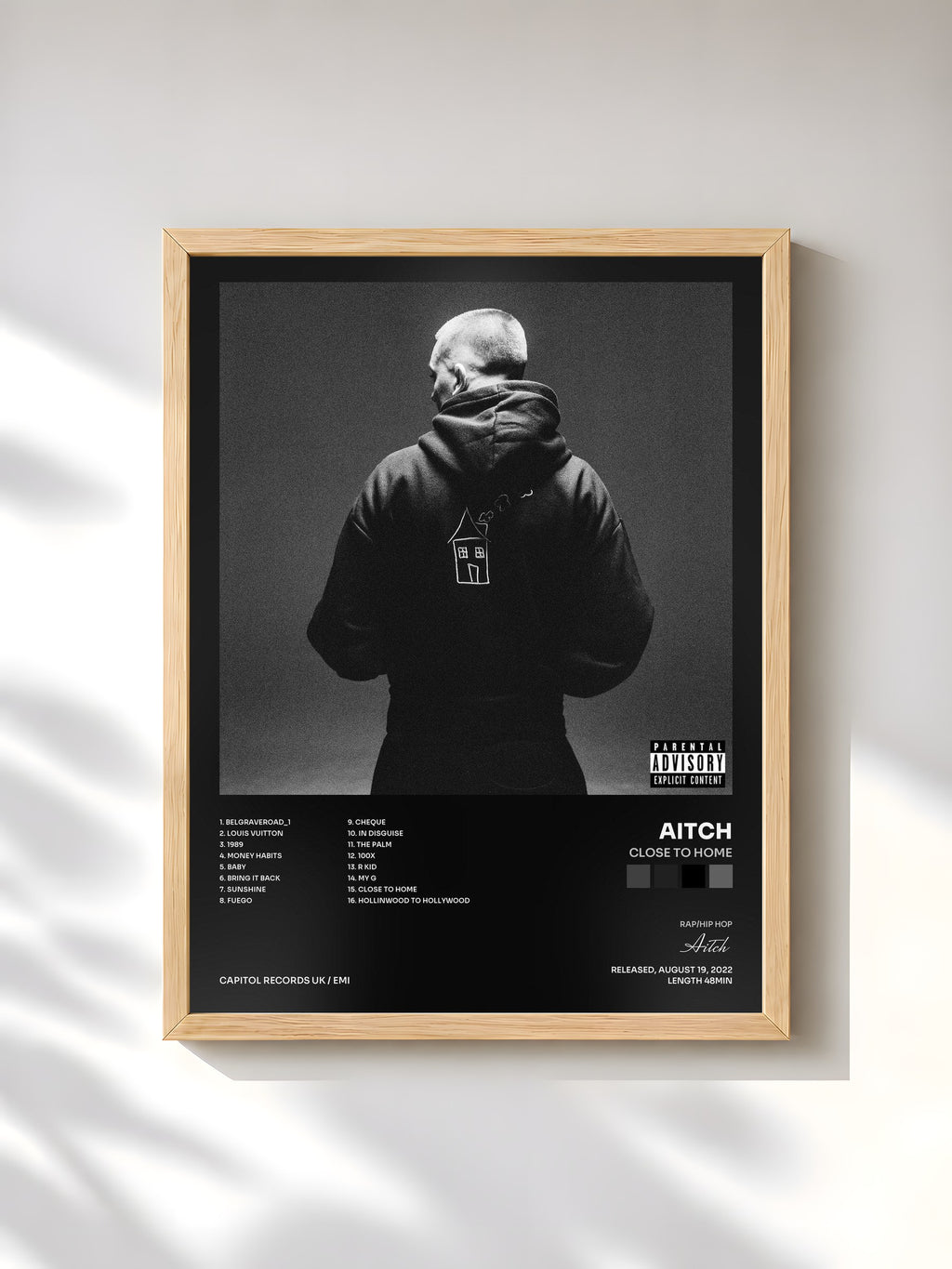 #bois Tableau de l'album Close To Home de Aitch, cadre en bois brut, imprimé et encadré en France