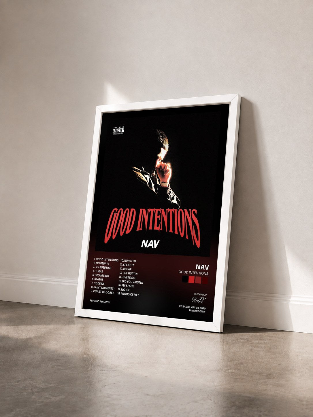 #blanc Tableau de l'album Good Intentions de NAV vu de trois quarts, cadre blanc