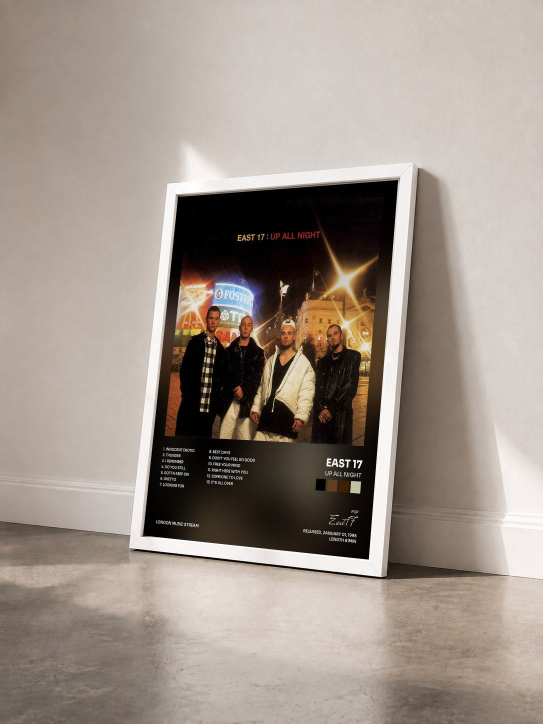 #blanc Tableau de l'album Up All Night de East 17 vu de trois quarts, cadre blanc