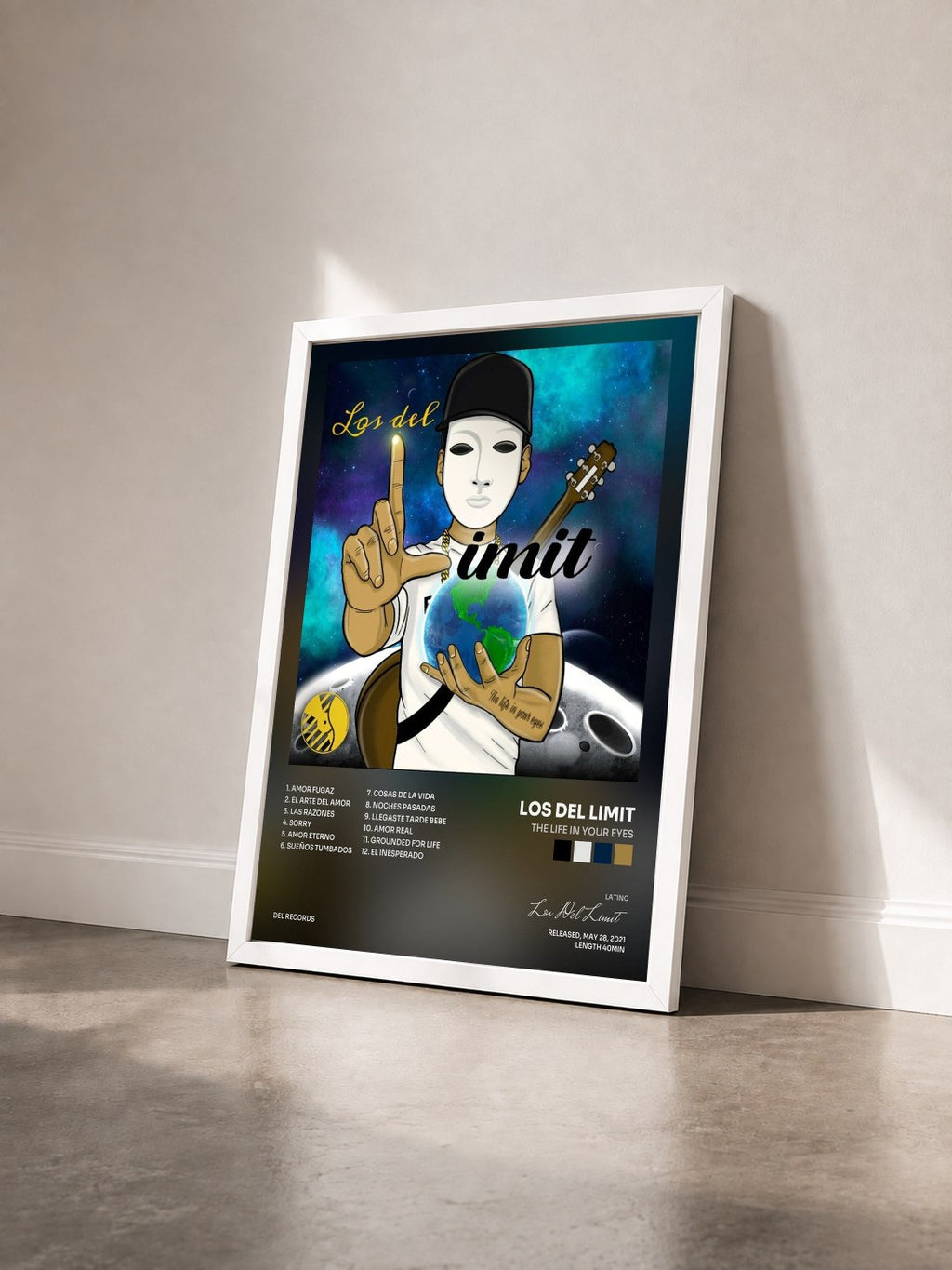 #blanc Tableau de l'album The Life in Your Eyes de Los Del Limit vu de trois quarts, cadre blanc