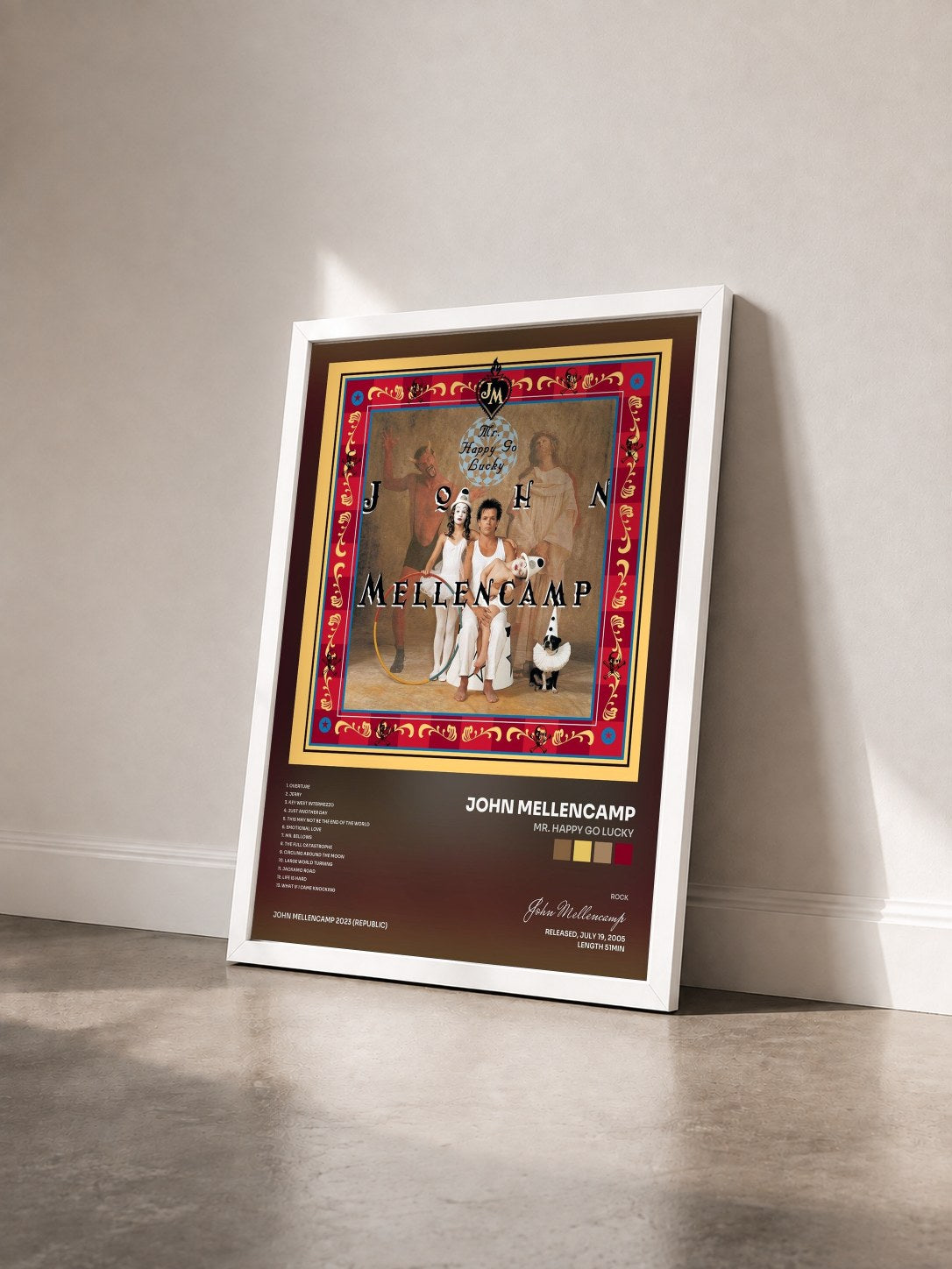 #blanc Tableau de l'album Mr. Happy Go Lucky de John Mellencamp vu de trois quarts, cadre blanc