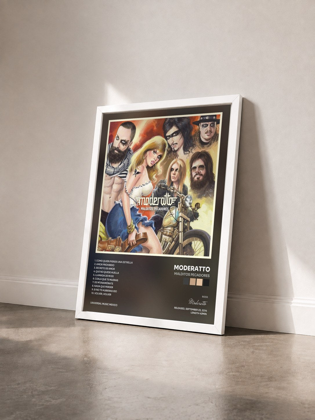 #blanc Tableau de l'album Malditos Pecadores de Moderatto vu de trois quarts, cadre blanc