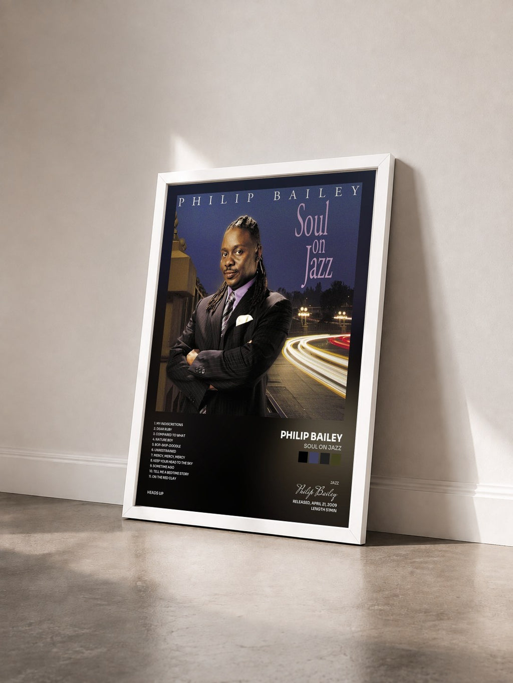 #blanc Tableau de l'album Soul On Jazz de Philip Bailey vu de trois quarts, cadre blanc