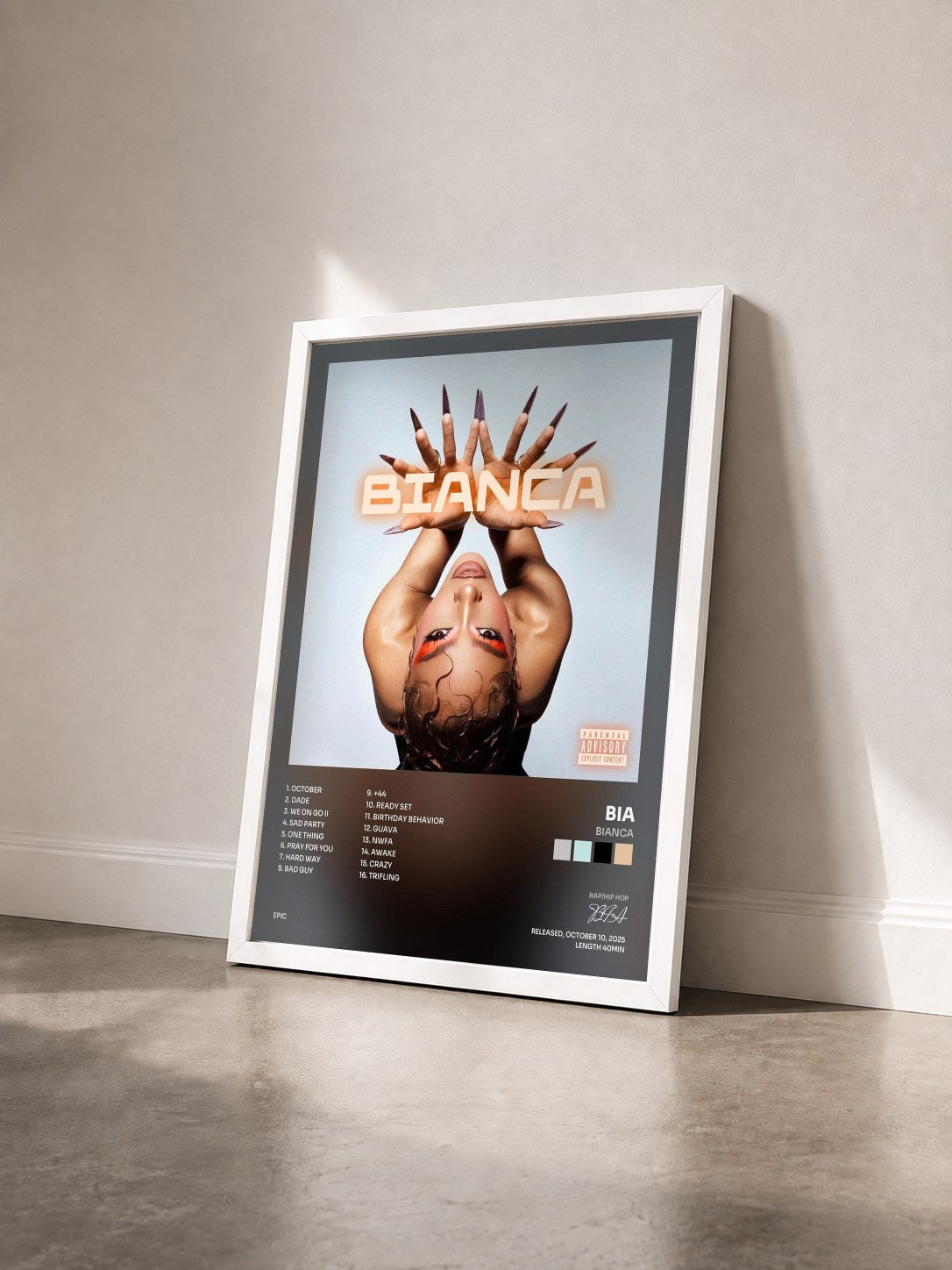 #blanc Tableau de l'album BIANCA de BIA vu de trois quarts, cadre blanc
