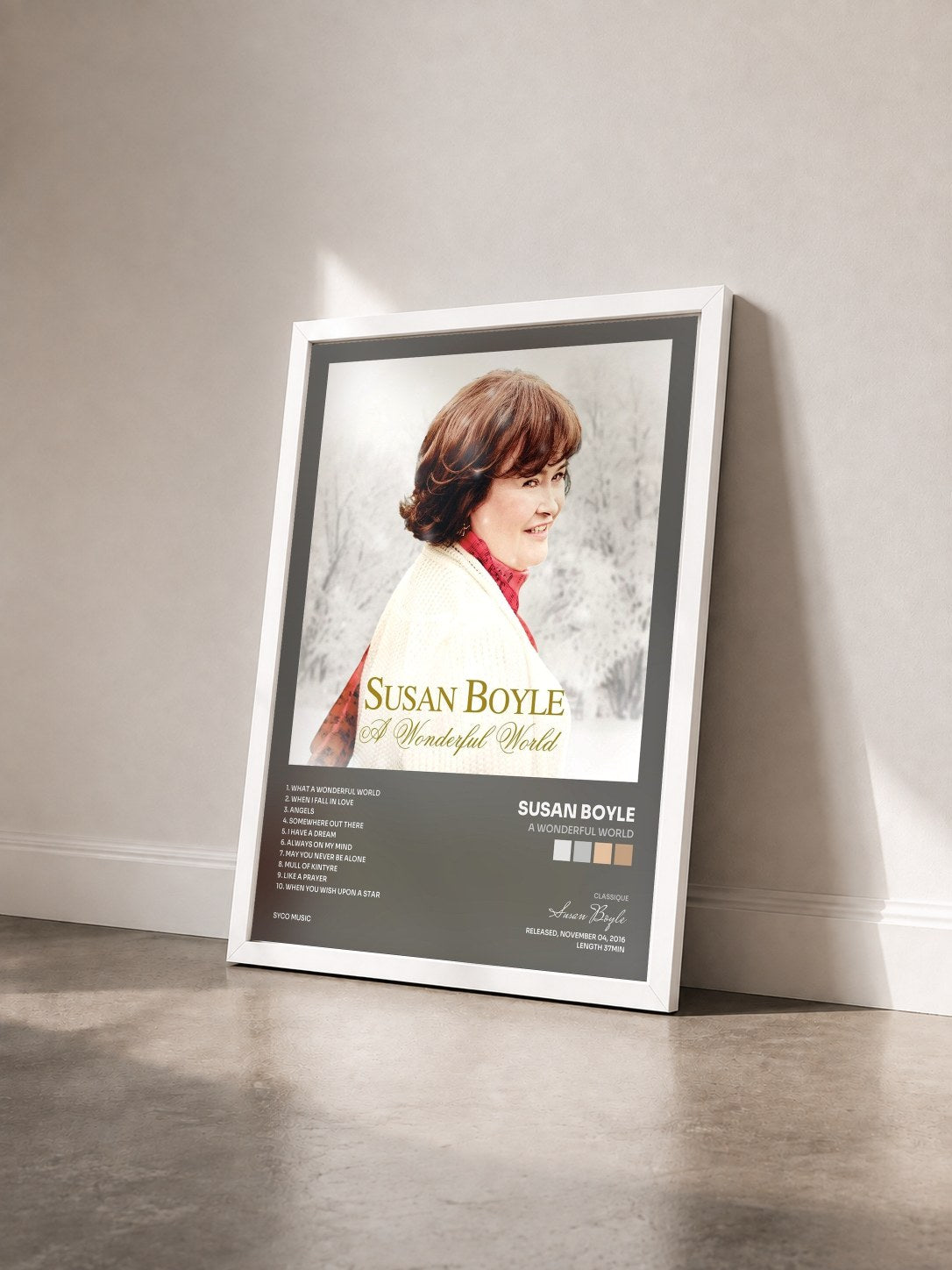 #blanc Tableau de l'album A Wonderful World de Susan Boyle vu de trois quarts, cadre blanc