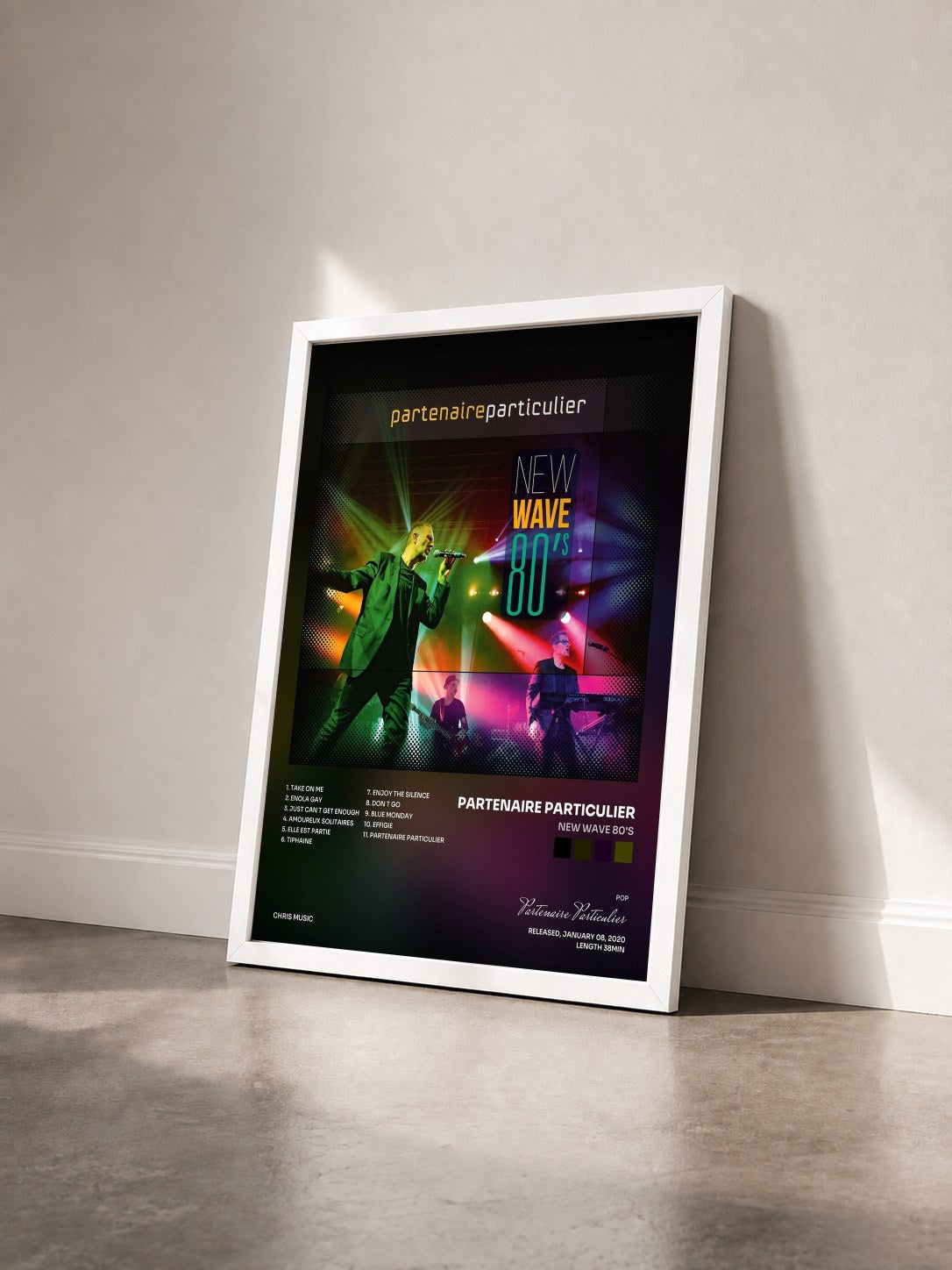 #blanc Tableau de l'album New Wave 80's de Partenaire Particulier vu de trois quarts, cadre blanc