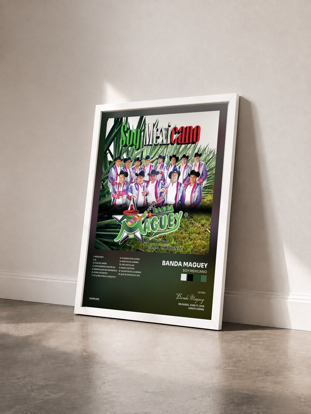 #blanc Tableau de l'album Soy Mexicano de Banda Maguey vu de trois quarts, cadre blanc