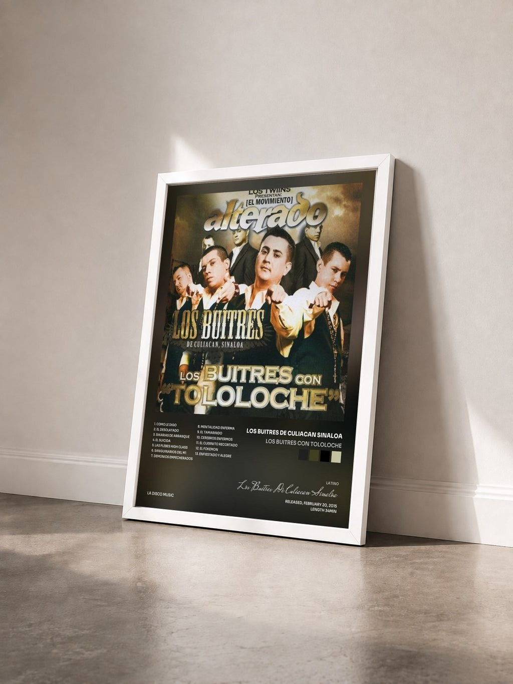 #blanc Tableau de l'album Los Buitres Con Tololoche de Los Buitres De Culiacan Sinaloa vu de trois quarts, cadre blanc