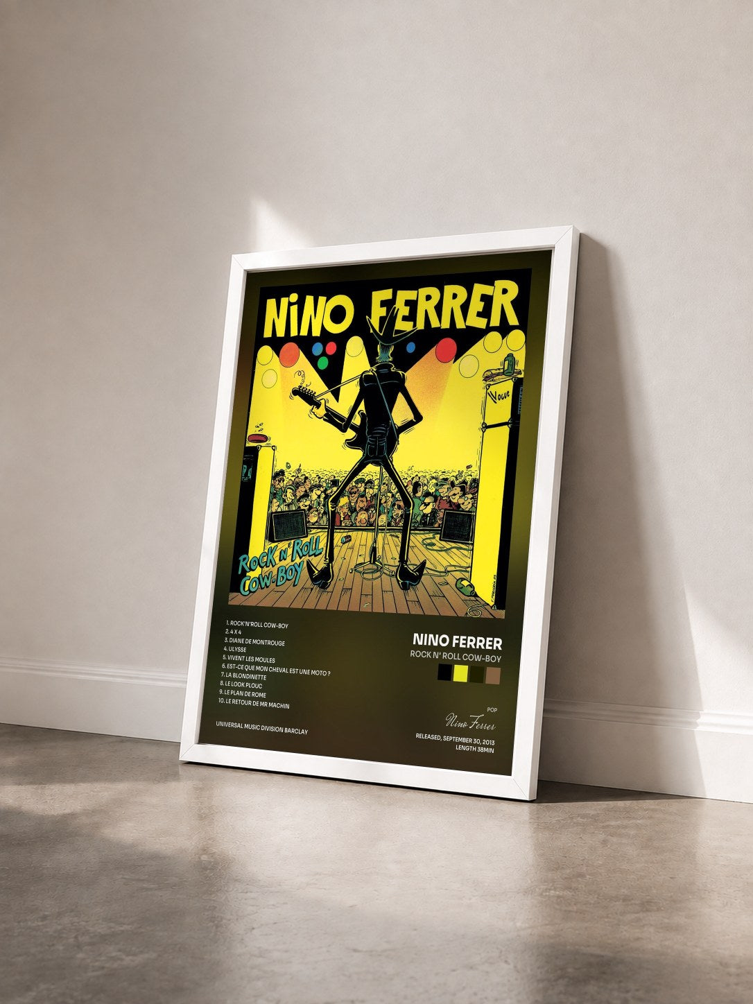 #blanc Tableau de l'album Rock N' Roll Cow-Boy de Nino Ferrer vu de trois quarts, cadre blanc
