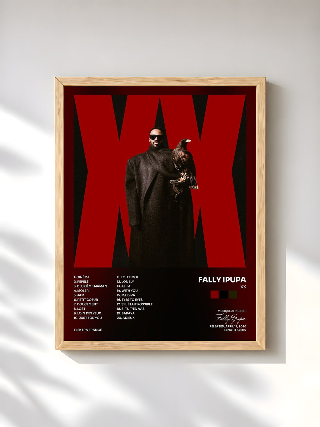 #bois Tableau de l'album XX de Fally Ipupa, cadre en bois brut, imprimé et encadré en France