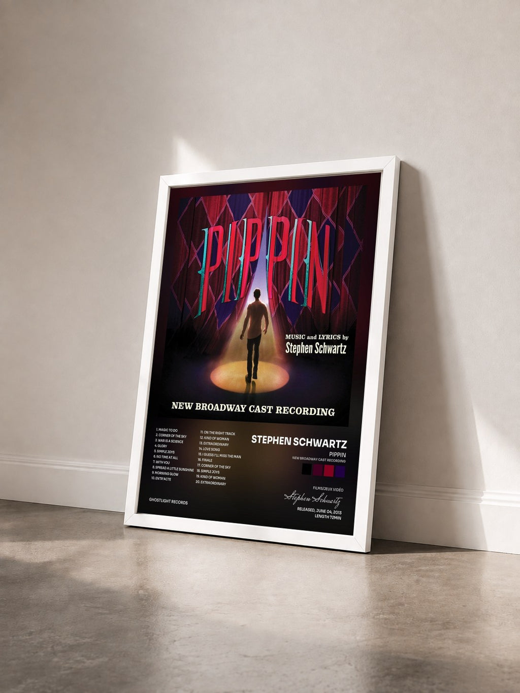#blanc Tableau de l'album Pippin (New Broadway Cast Recording) de Stephen Schwartz vu de trois quarts, cadre blanc