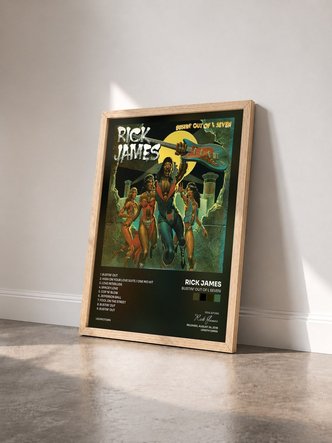 #bois Tableau de l'album Bustin' Out of L Seven de Rick James vu de trois quarts, cadre en bois brut